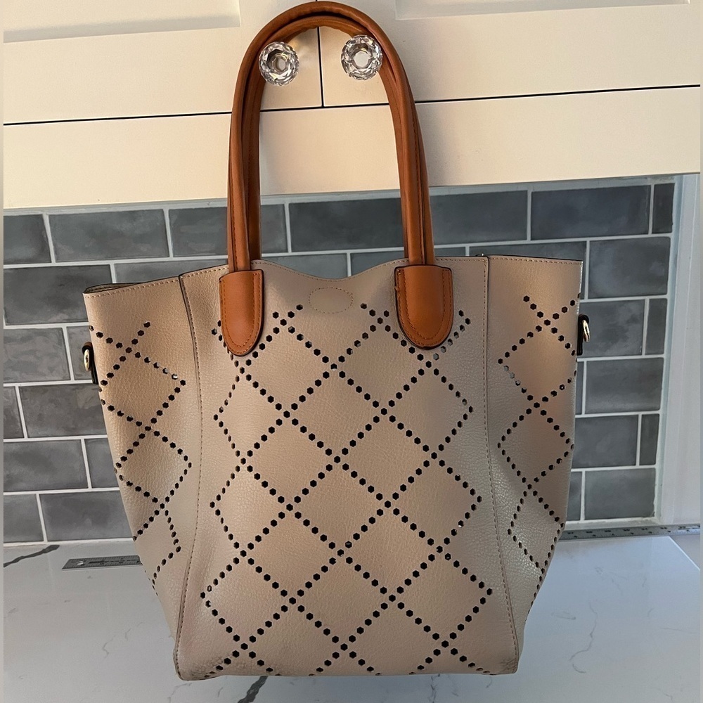 Louenhide Baby Bermuda Tote Bag Cut Outs Vegan Leather Putty New Contemporary